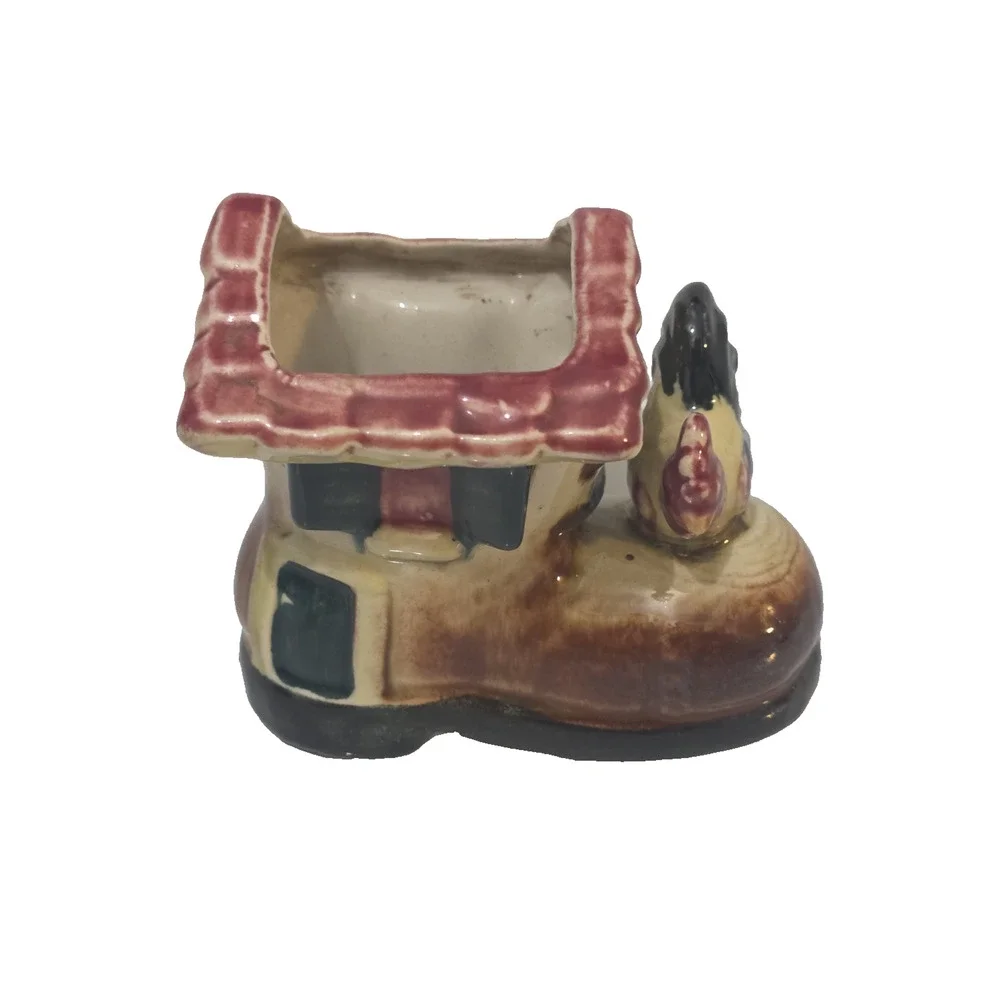 Vintage Made In Occupied Japan 4.25” Ceramic Shoe/Boot House Planter W/Rooster
